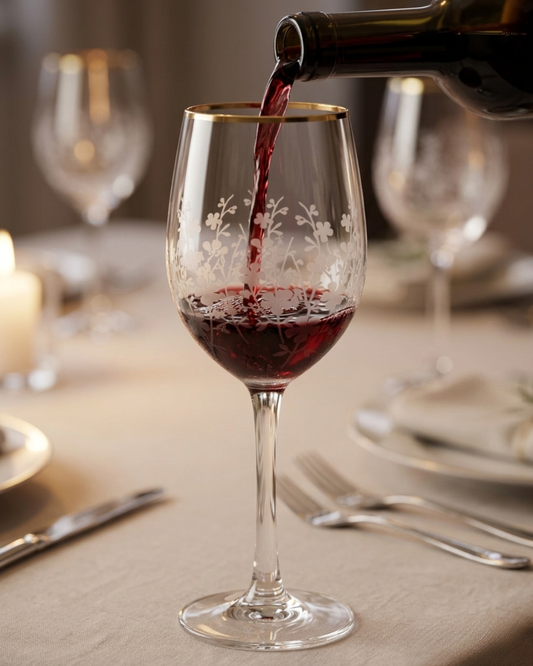 Floral Etched Gold Rim Wine Glass