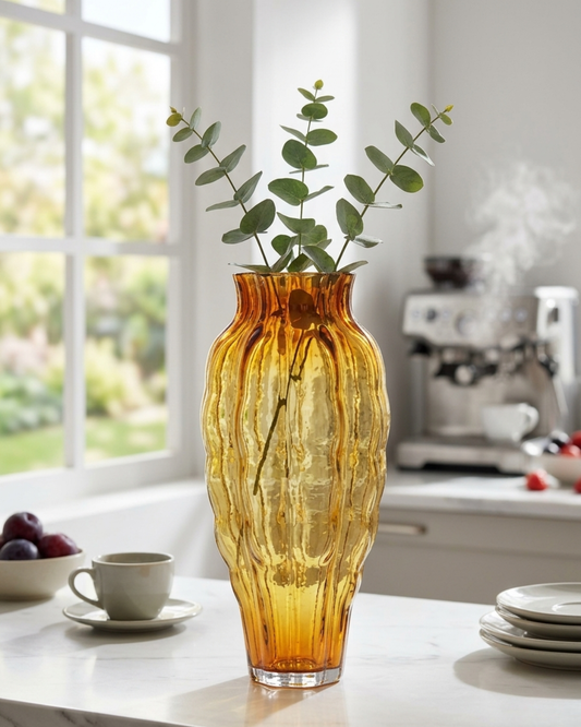 Tall Amber Ribbed Glass Vase