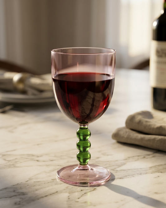 Blush Pink Wine Glass with Emerald Bead Stem