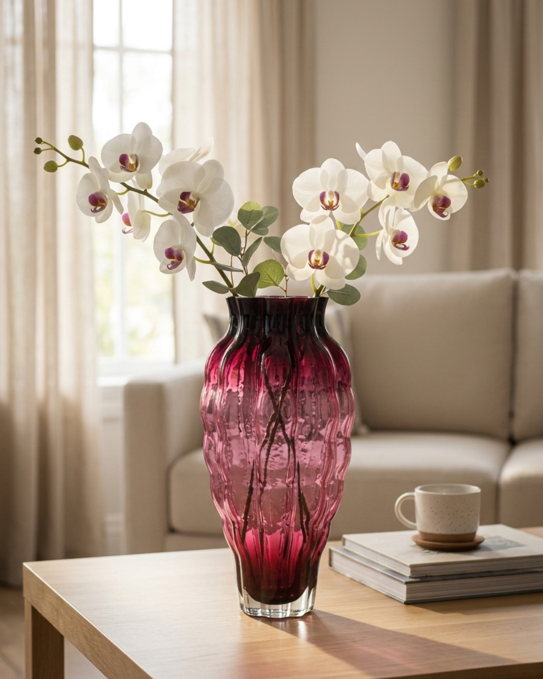 Luxury Ribbed Glass Vase – Burgundy Pink Gradient