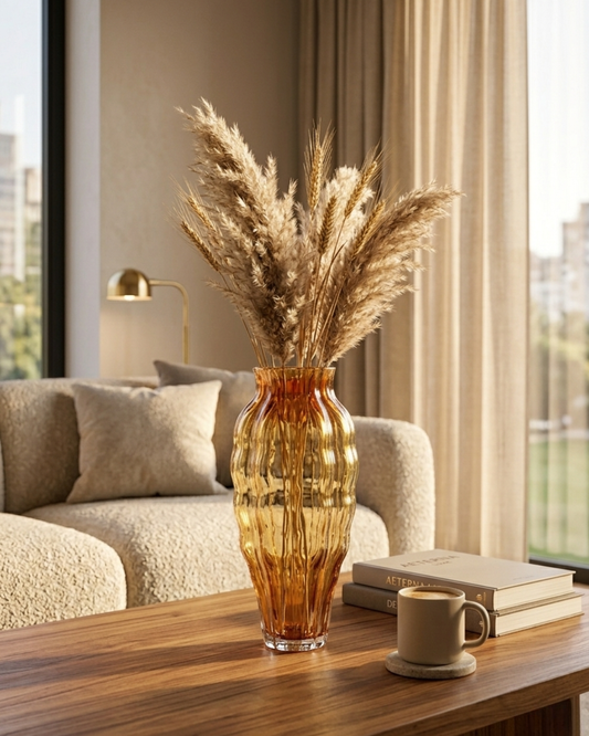 Tall Amber Ribbed Glass Vase
