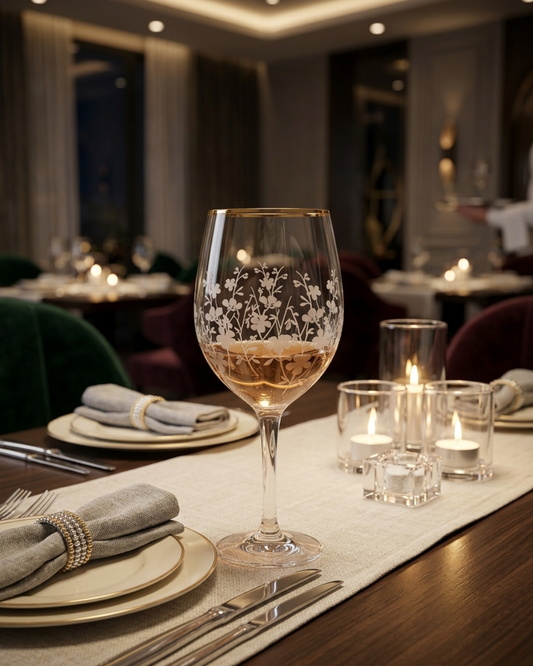 Floral Etched Gold Rim Wine Glass