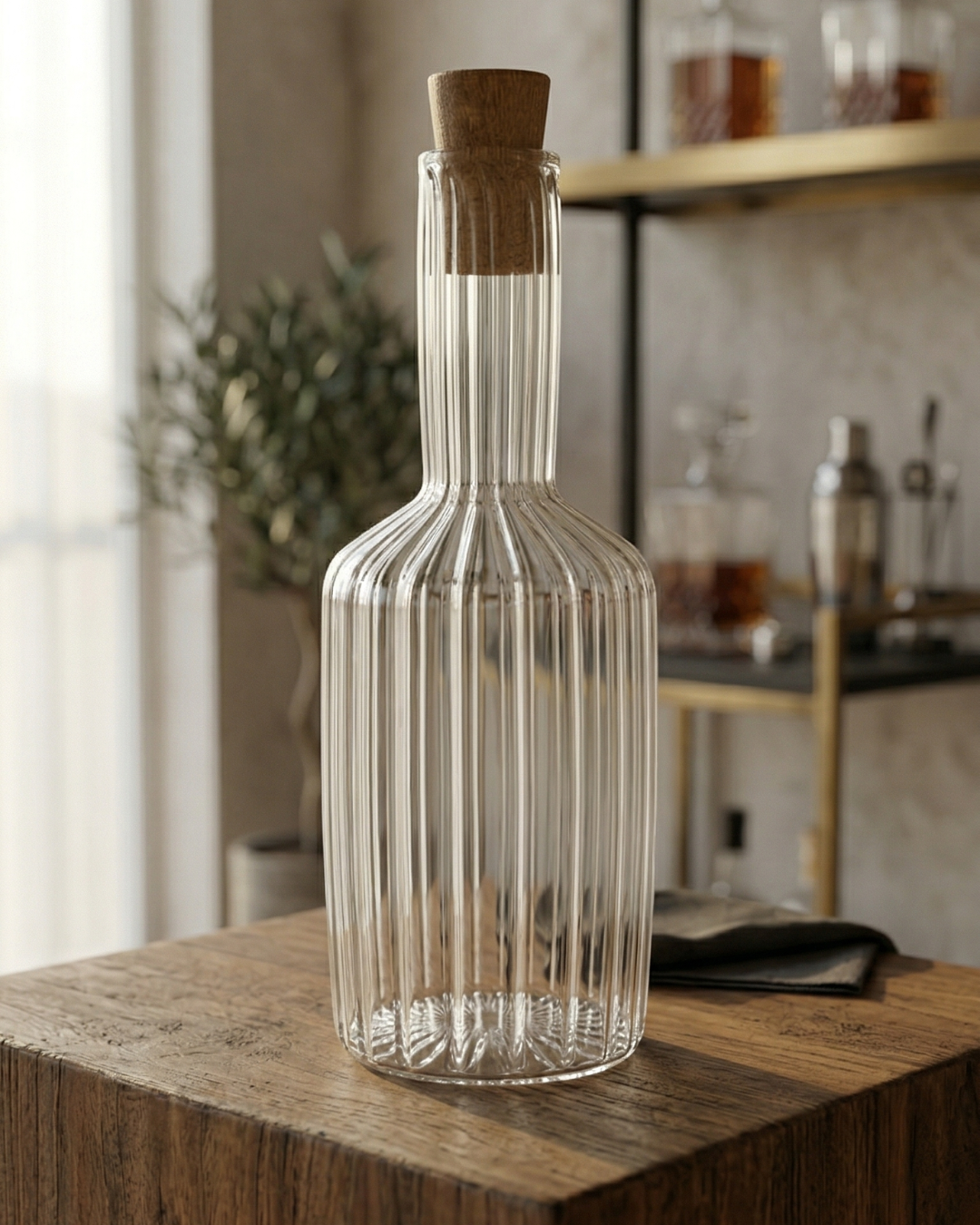 Glasseria Ribbed Glass Bottle with Wooden Lid