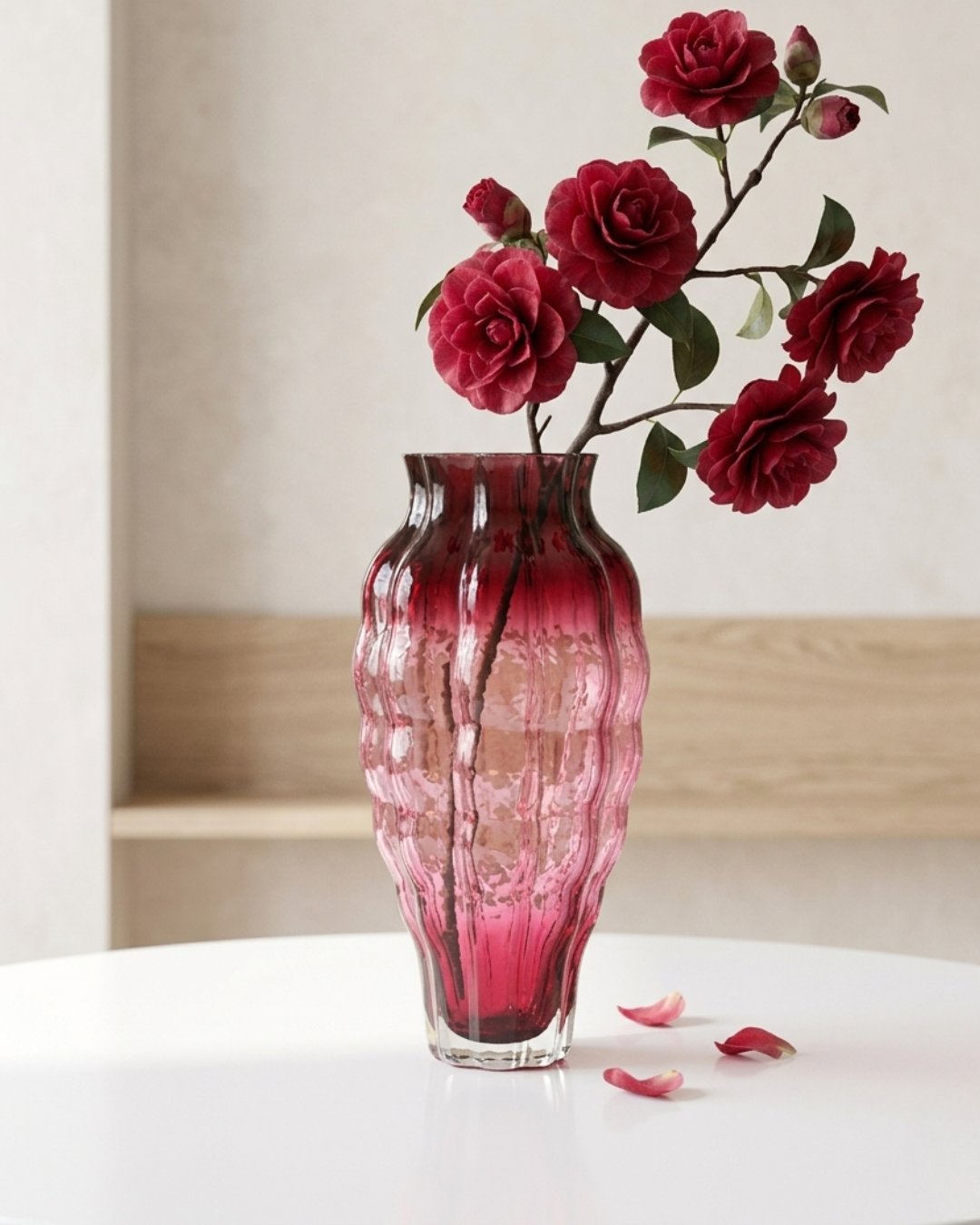 Luxury Ribbed Glass Vase – Burgundy Pink Gradient
