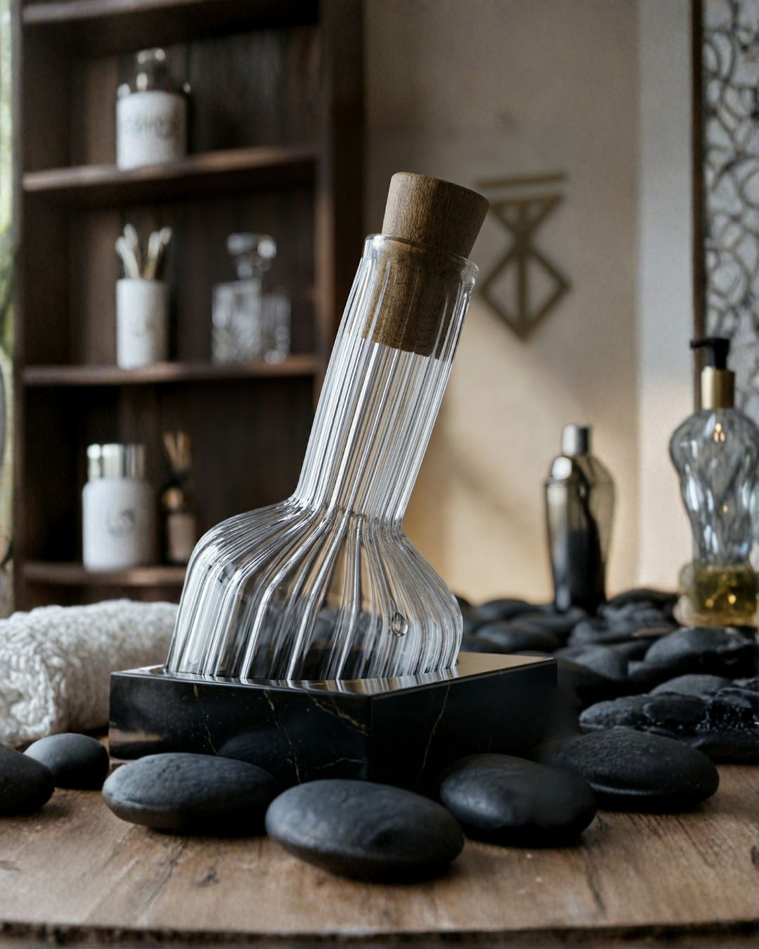 Glasseria Ribbed Glass Bottle with Wooden Lid