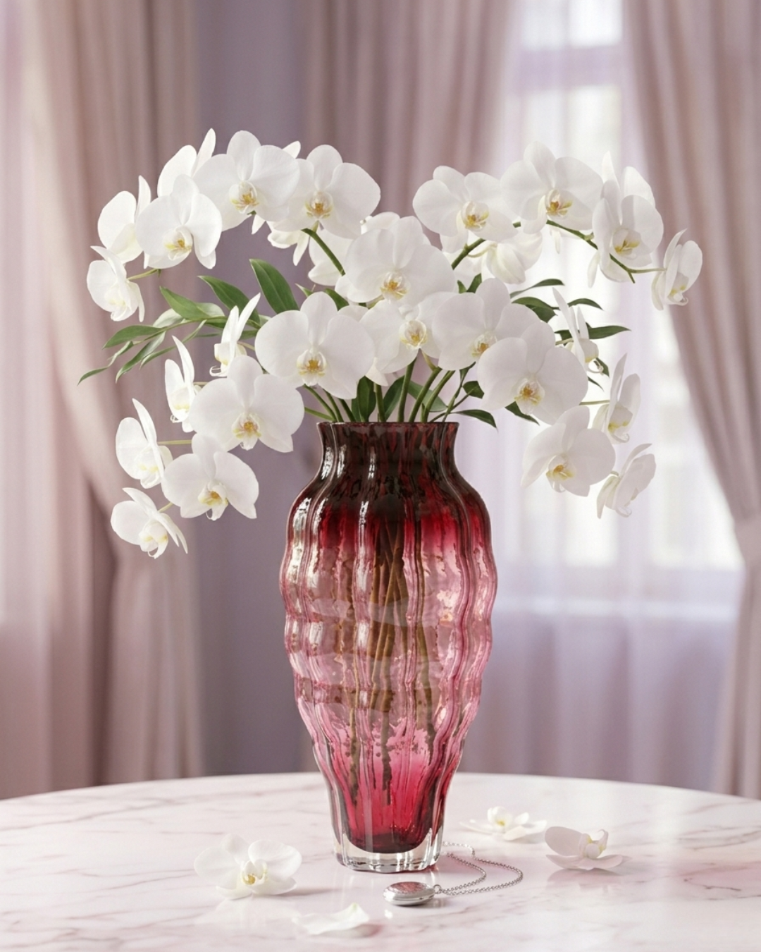 Luxury Ribbed Glass Vase – Burgundy Pink Gradient